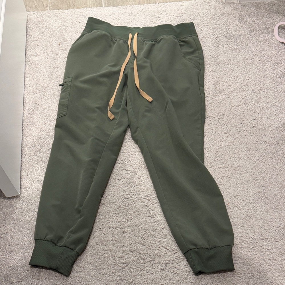 Figs Zamora Green Jogger Pants with Tan Drawstring